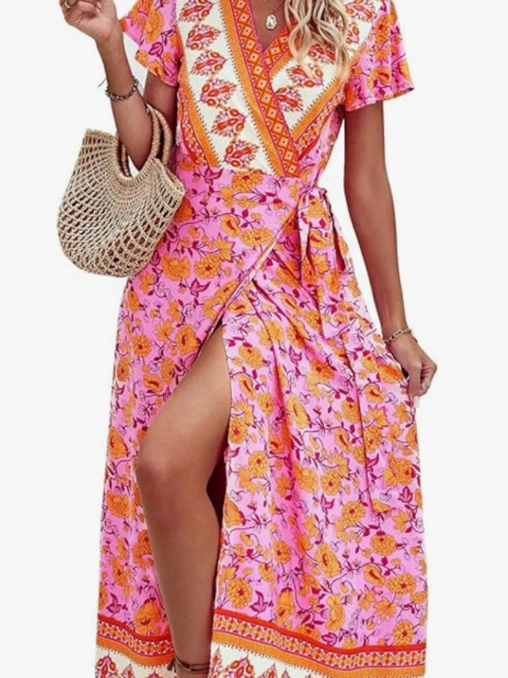 PRETTYGARDEN Women Boho Summer Side Split Deep V Neck Short Sleeves Maxi Dress